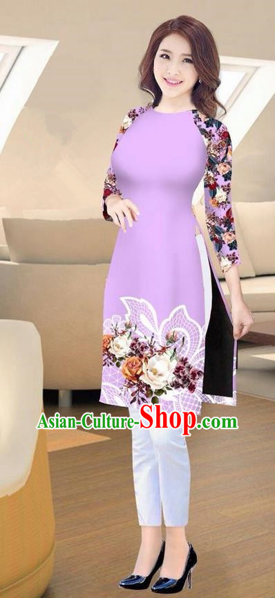 Traditional Top Grade Asian Vietnamese Costumes Classical Printing Lilac Short Cheongsam, Vietnam National Vietnamese Ao Dai Dress for Women
