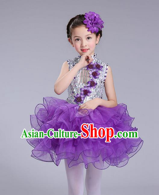 Top Grade Professional Compere Modern Dance Costume, Children Opening Dance Chorus Flowers Uniforms Princess Purple Bubble Dress for Girls