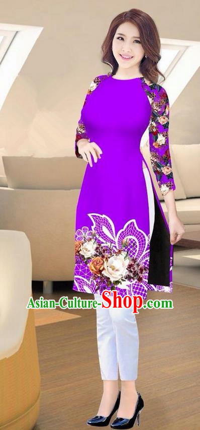 Traditional Top Grade Asian Vietnamese Costumes Classical Printing Purple Short Cheongsam, Vietnam National Vietnamese Ao Dai Dress for Women