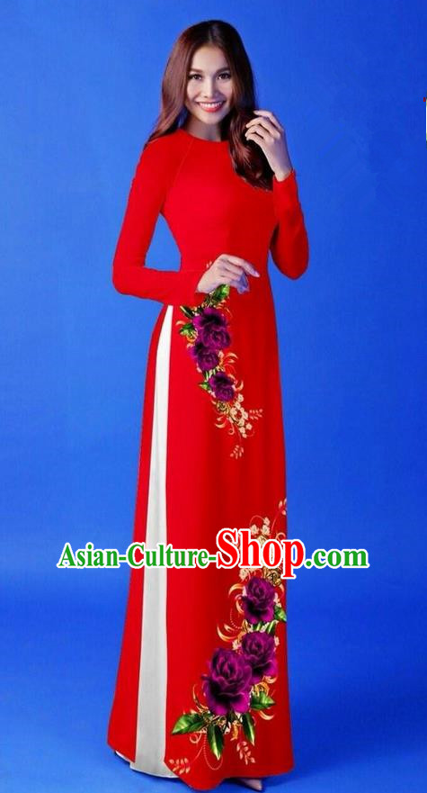 Traditional Top Grade Asian Vietnamese Costumes Classical 3D Printing Red Long Cheongsam, Vietnam National Vietnamese Princess Ao Dai Dress for Women