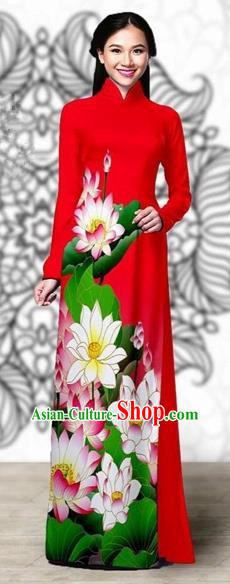 Traditional Top Grade Asian Vietnamese Costumes Classical Printing Lotus Cheongsam, Vietnam National Vietnamese Young Lady Miss Etiquette Red Ao Dai Dress