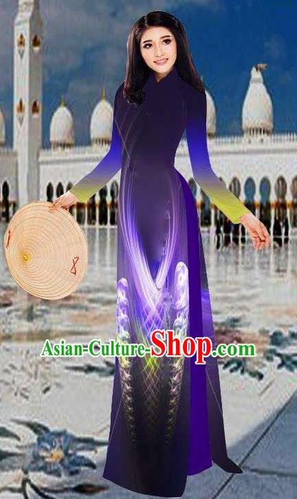Top Grade Asian Vietnamese Costumes Classical 3D Printing Purple Long Cheongsam, Vietnam National Vietnamese Traditional Princess Ao Dai Dress for Women