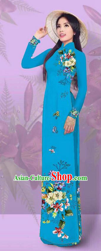 Top Grade Asian Vietnamese Costumes Classical Jing Nationality Printing Blue Cheongsam, Vietnam National Vietnamese Traditional Princess Ao Dai Dress for Women