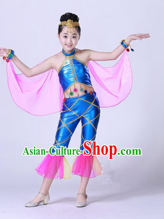 Top Grade Professional Compere Modern Dance Costume, Children Opening Dance Chorus Fish Dance Uniforms Blue Clothing Complete Set for Girls