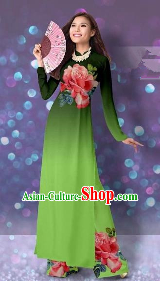 Traditional Top Grade Asian Vietnamese Costumes Classical Printing Cheongsam, Vietnam National Vietnamese Princess Grass Green Ao Dai Dress Dance Clothing