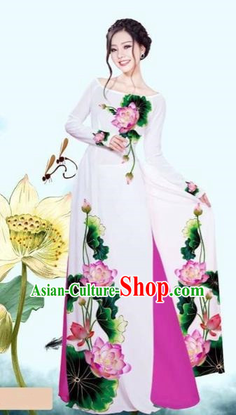 Traditional Top Grade Asian Vietnamese Costumes Classical Printing Lotus White Cheongsam, Vietnam National Vietnamese Princess Bride Off Shoulder Ao Dai Dress