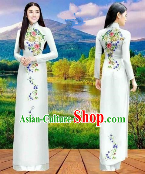 Traditional Top Grade Asian Vietnamese Costumes Classical Double-sided Printing Cheongsam, Vietnam National Vietnamese Princess Bride White Ao Dai Dress Dance Clothing