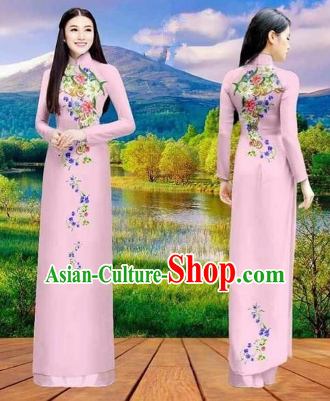 Traditional Top Grade Asian Vietnamese Costumes Classical Double-sided Printing Cheongsam, Vietnam National Vietnamese Princess Bride Pink Ao Dai Dress Dance Clothing