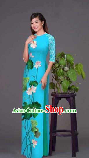Traditional Top Grade Asian Vietnamese Costumes Classical Printing Lotus Blue Cheongsam, Vietnam National Vietnamese Princess Bride Korean Silk Ao Dai Dress