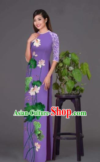 Traditional Top Grade Asian Vietnamese Costumes Classical Printing Lotus Purple Cheongsam, Vietnam National Vietnamese Princess Bride Korean Silk Ao Dai Dress