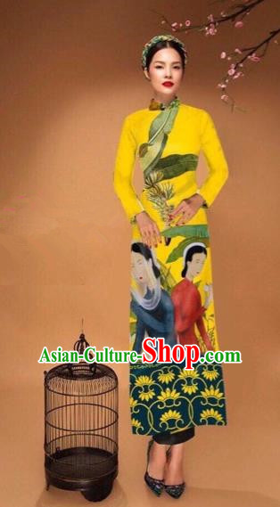 Traditional Top Grade Asian Vietnamese Costumes Classical Printing Cheongsam, Vietnam National Vietnamese Bride Yellow Ao Dai Dress Tang Suit Clothing