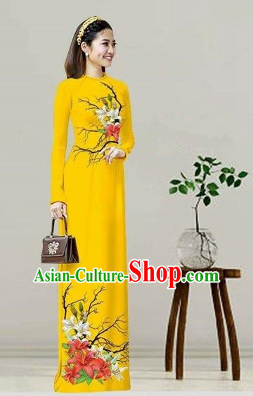 Traditional Top Grade Asian Vietnamese Costumes Classical Printing Yellow Cheongsam, Vietnam National Vietnamese Bride Ao Dai Dress
