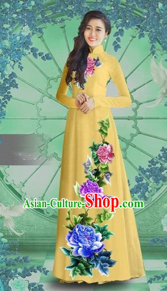 Traditional Top Grade Asian Vietnamese Costumes Classical Printing Light Yellow Chiffon Cheongsam, Vietnam National Vietnamese Bride Ao Dai Dress