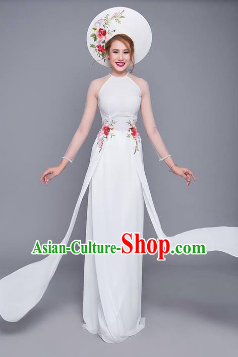 Traditional Top Grade Asian Vietnamese Costumes Classical Printing Cheongsam White Wedding Dress, Vietnam National Vietnamese Bride Ao Dai Dress