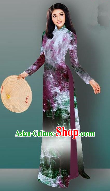 Top Grade Asian Vietnamese Costumes Classical Jing Nationality Gradient Watercolor Printing Wine Red Cheongsam, Vietnam National Vietnamese Traditional Princess Ao Dai Dress