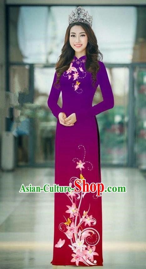 Top Grade Asian Vietnamese Costumes Classical Jing Nationality Printing Handmade Purple Cheongsam, Vietnam National Vietnamese Traditional Princess Ao Dai Dress