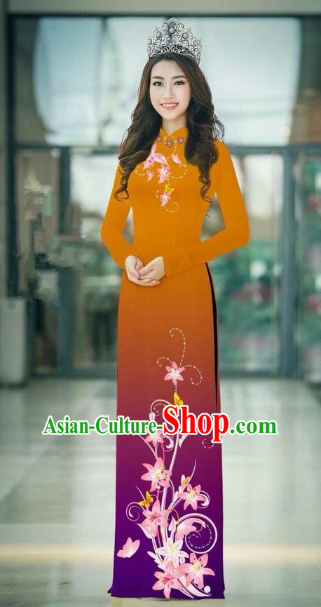 Top Grade Asian Vietnamese Costumes Classical Jing Nationality Printing Handmade Ginger Cheongsam, Vietnam National Vietnamese Traditional Princess Ao Dai Dress