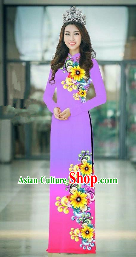 Top Grade Asian Vietnamese Costumes Classical Jing Nationality Printing Handmade Gradient Lilac Cheongsam, Vietnam National Vietnamese Traditional Princess Ao Dai Dress