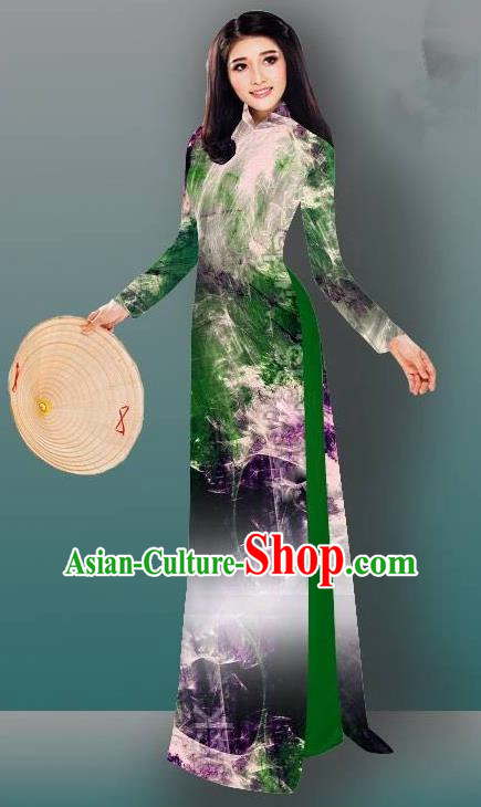 Top Grade Asian Vietnamese Costumes Classical Jing Nationality Gradient Watercolor Printing Green Cheongsam, Vietnam National Vietnamese Traditional Princess Ao Dai Dress