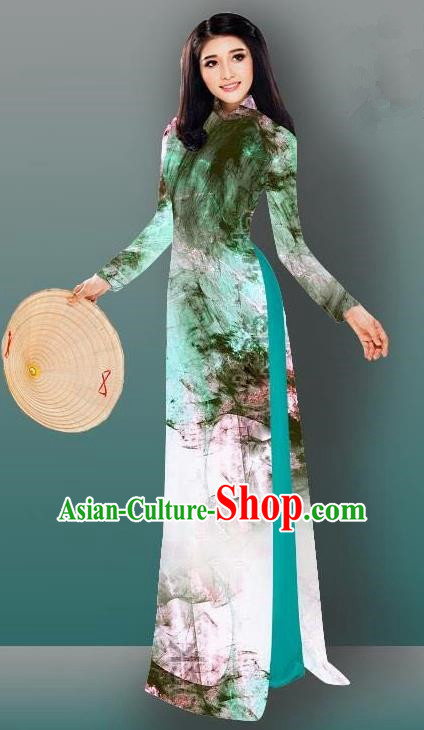 Top Grade Asian Vietnamese Costumes Classical Jing Nationality Gradient Watercolor Printing Light Green Cheongsam, Vietnam National Vietnamese Traditional Princess Ao Dai Dress