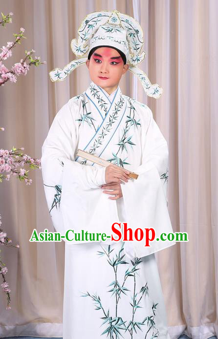 Traditional Chinese Beijing Opera White Dress Clothing, China Peking Opera Young Man Costume Embroidered Bamboo Leaf Robe Opera Costumes