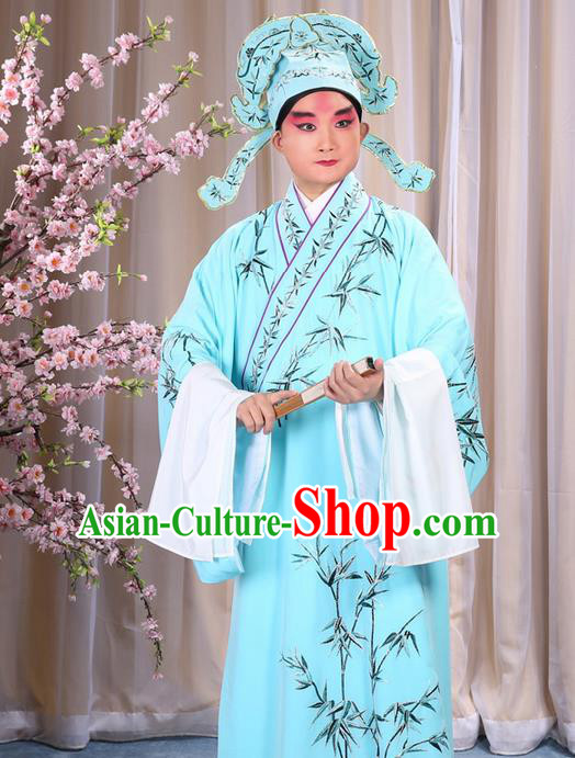 Traditional Chinese Beijing Opera Blue Dress Clothing, China Peking Opera Young Man Costume Embroidered Bamboo Leaf Robe Opera Costumes
