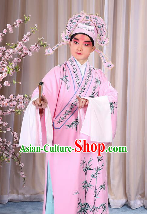 Traditional Chinese Beijing Opera Pink Dress Clothing, China Peking Opera Young Man Costume Embroidered Bamboo Leaf Robe Opera Costumes
