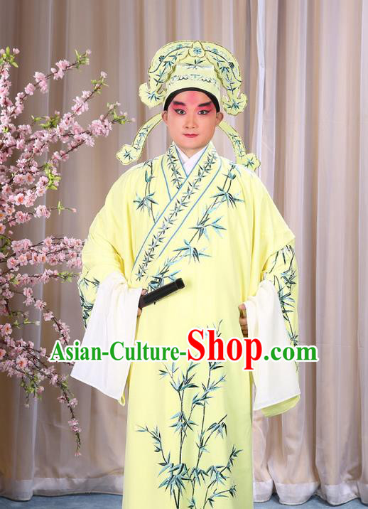 Traditional Chinese Beijing Opera Yellow Dress Clothing, China Peking Opera Young Man Costume Embroidered Bamboo Leaf Robe Opera Costumes