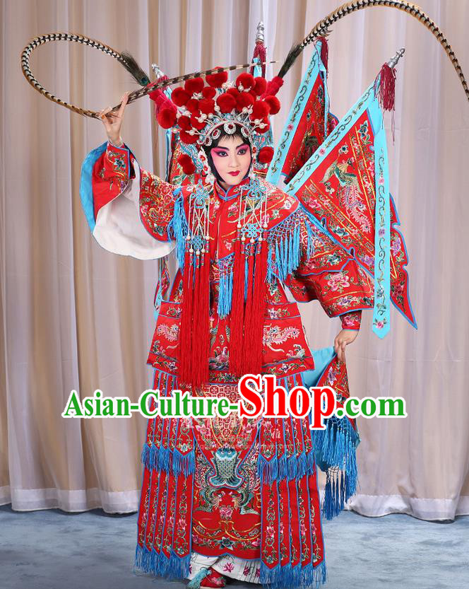 Traditional Chinese Beijing Opera Magic Warriors Red Clothing and Shoes Complete Set, China Peking Opera Blues Costume Embroidered Robe Opera Costumes