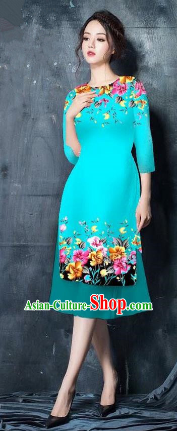 Top Grade Asian Vietnamese Costumes Classical Jing Nationality Short Printing Flowers Cheongsam, Vietnam National Vietnamese Bride Traditional Princess Blue Ao Dai Dress