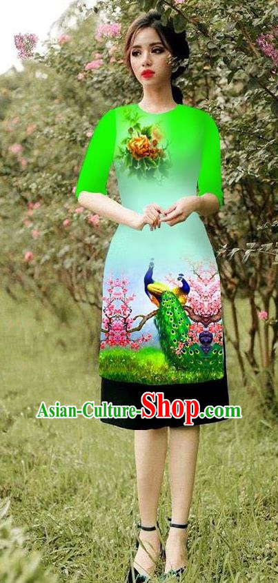 Top Grade Asian Vietnamese Costumes Classical Jing Nationality Peacock Pattern Short Cheongsam, Vietnam National Clothing Bride Traditional Green Ao Dai Dress