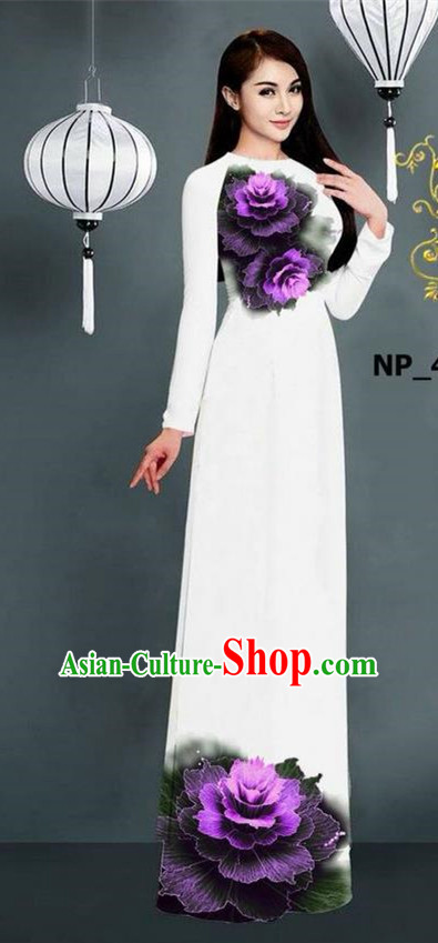 Top Grade Asian Vietnamese Costumes Classical Jing Nationality Printing Long Cheongsam, Vietnam National Clothing Bride Traditional White Ao Dai Dress