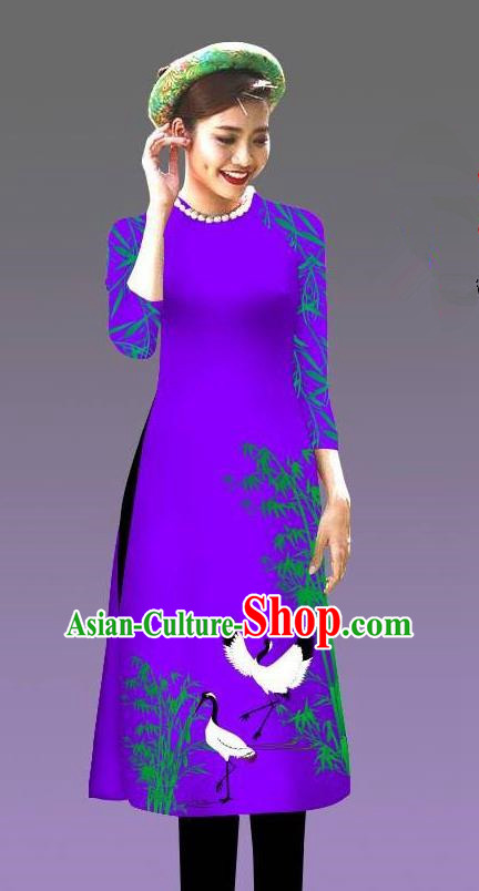 Top Grade Asian Vietnamese Costumes Classical Jing Nationality Crane Pattern Short Cheongsam, Vietnam National Clothing Bride Traditional Purple Ao Dai Dress