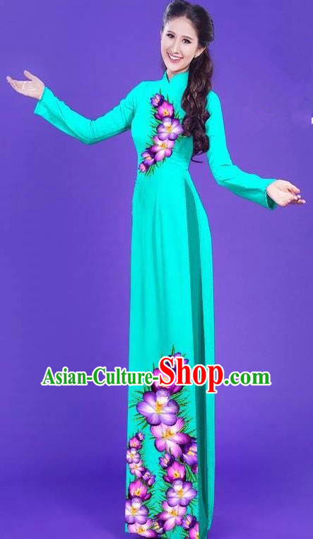 Top Grade Asian Vietnamese Costumes Classical Jing Nationality Long Printing Flowers Cheongsam, Vietnam National Vietnamese Bride Traditional Princess Blue Ao Dai Dress