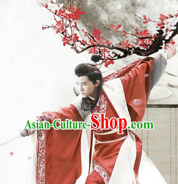 Traditional Chinese Ancient Warring States Time Young Justice Costume, Song of Phoenix Young Swordsman Hanfu Clothing and Handmade Headpiece Complete Set for Men