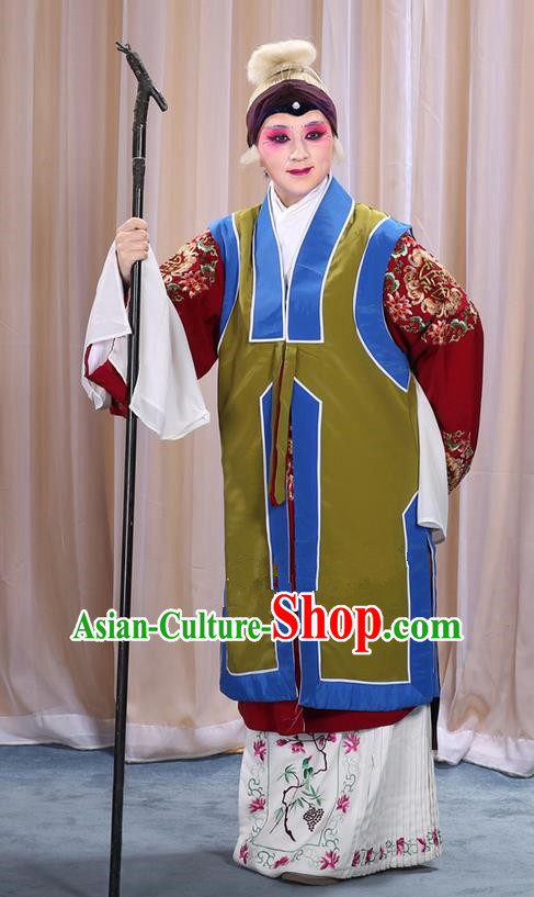 Traditional Chinese Beijing Opera Old Female Green Vest and Robes Complete Set, China Peking Opera Pantaloon Costume Embroidered Clothing Opera Costumes