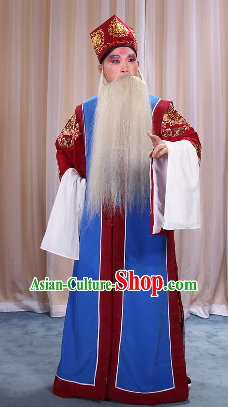Traditional Chinese Beijing Opera Old Male Blue Long Vest and Clothing Complete Set, China Peking Opera Laosheng-role Costume Embroidered Clothing Opera Costumes