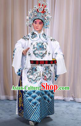 Traditional Chinese Beijing Opera Male White Clothing and Belts Complete Set, China Peking Opera His Royal Highness Costume Embroidered Robe Opera Costumes