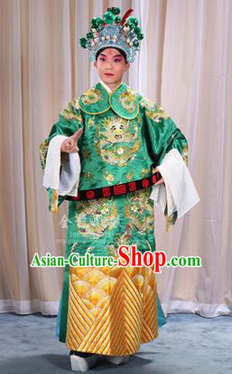 Traditional Chinese Beijing Opera Male Green Clothing and Belts Complete Set, China Peking Opera His Royal Highness Costume Embroidered Robe Opera Costumes