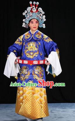 Traditional Chinese Beijing Opera Male Blue Clothing and Belts Complete Set, China Peking Opera His Royal Highness Costume Embroidered Robe Opera Costumes