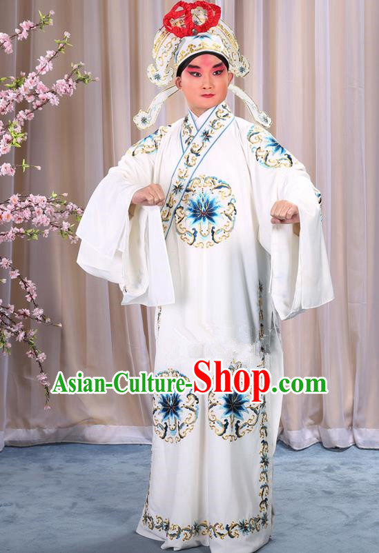 Traditional Chinese Beijing Opera Takefu White Clothing Complete Set, China Peking Opera Martial General Role Costume Embroidered Opera Costumes