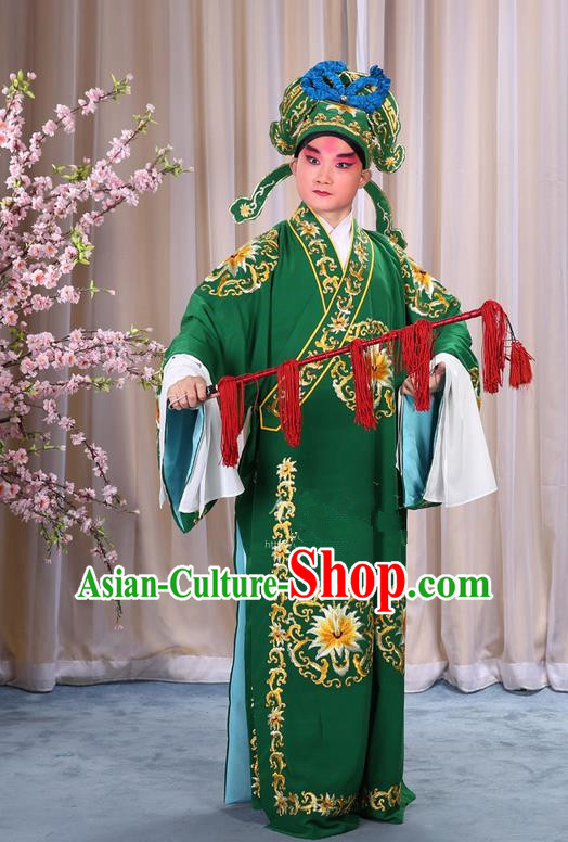 Traditional Chinese Beijing Opera Takefu Green Clothing Complete Set, China Peking Opera Martial General Role Costume Embroidered Opera Costumes