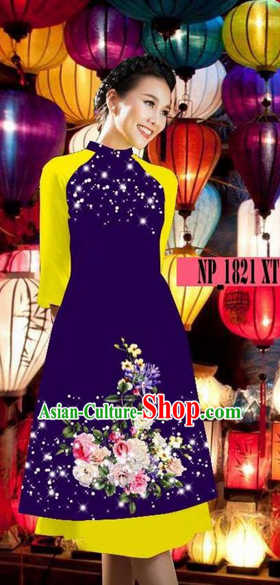 Top Grade Asian Vietnamese Costumes Classical Jing Nationality Deep Purple Cheongsam, Vietnam National Clothing Vietnamese Bride Traditional Printing Ao Dai Dress