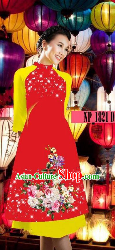 Top Grade Asian Vietnamese Costumes Classical Jing Nationality Red Cheongsam, Vietnam National Clothing Vietnamese Bride Traditional Printing Ao Dai Dress