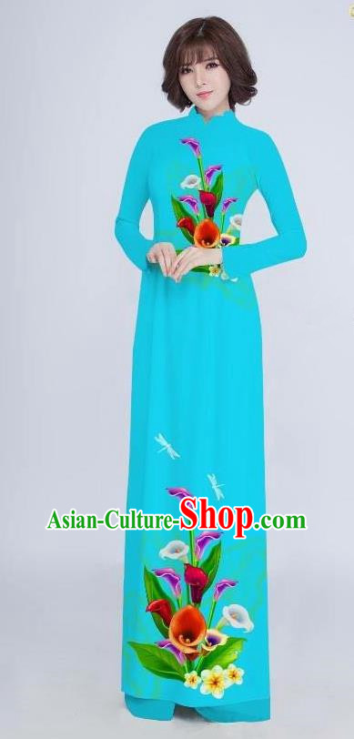 Top Grade Asian Vietnamese Costumes Classical Jing Nationality Long Cheongsam, Vietnam National Clothing Vietnamese Bride Traditional Printing Flowers Blue Ao Dai Dress