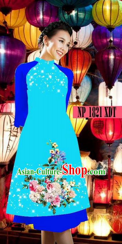 Top Grade Asian Vietnamese Costumes Classical Jing Nationality Blue Cheongsam, Vietnam National Clothing Vietnamese Bride Traditional Printing Ao Dai Dress