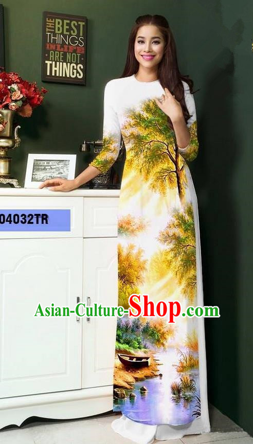 Top Grade Asian Vietnamese Clothing Classical Jing Nationality Handmade Cheongsam, Vietnam National Bride Traditional Printing White Ao Dai Dress for Women