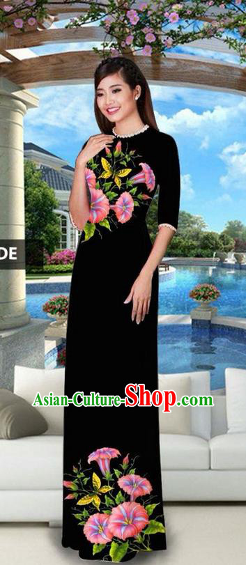 Traditional Top Grade Asian Vietnamese Jing Nationality Classical Ao Dai Dress, Vietnam National Bride Printing Black Cheongsam Costumes for Women