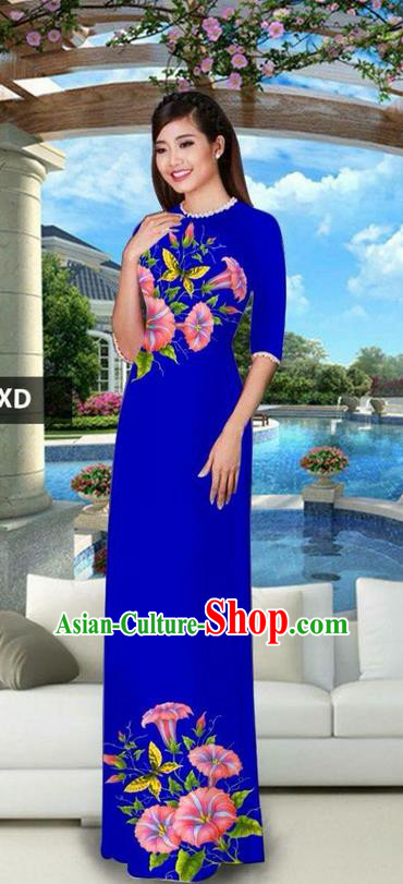 Traditional Top Grade Asian Vietnamese Jing Nationality Classical Ao Dai Dress, Vietnam National Bride Printing Royalblue Cheongsam Costumes for Women