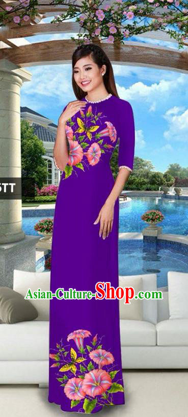 Traditional Top Grade Asian Vietnamese Jing Nationality Classical Ao Dai Dress, Vietnam National Bride Printing Purple Cheongsam Costumes for Women